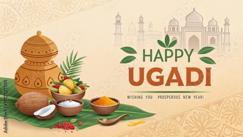 Traditional indian elements celebrating happy ugadi with charminar monument in the background wishing you a prosperous new year