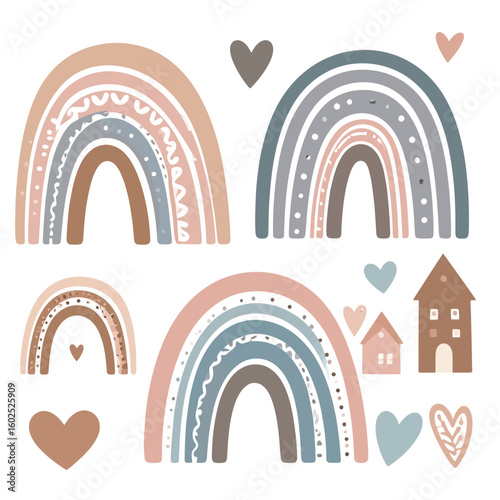 Set of hand-drawn boho rainbows, houses, and hearts with patterns in muted, earthy pastel colors.