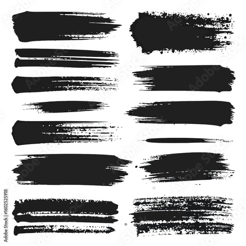 Collection of Black Ink Brush Strokes: Textured, Abstract Paint Marks
