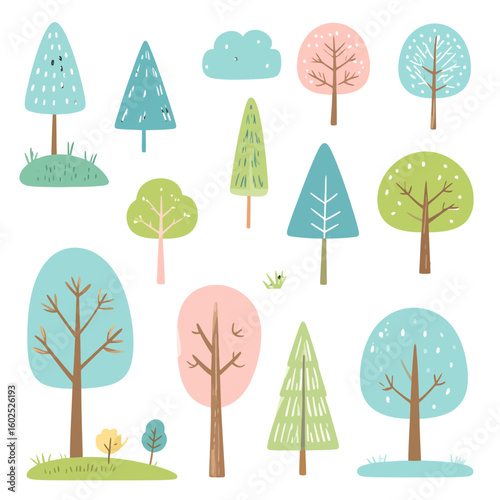Collection of Pastel-Colored Cartoon Trees with Varying Shapes and Styles