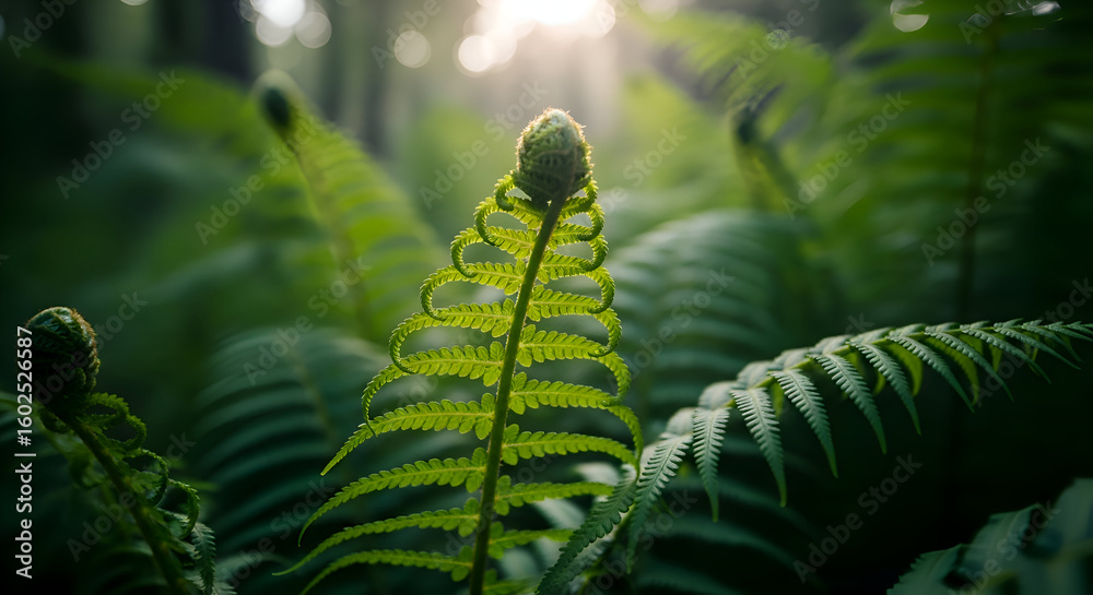 Fototapeta premium Fern unfurling in a forest with sunlight shining through