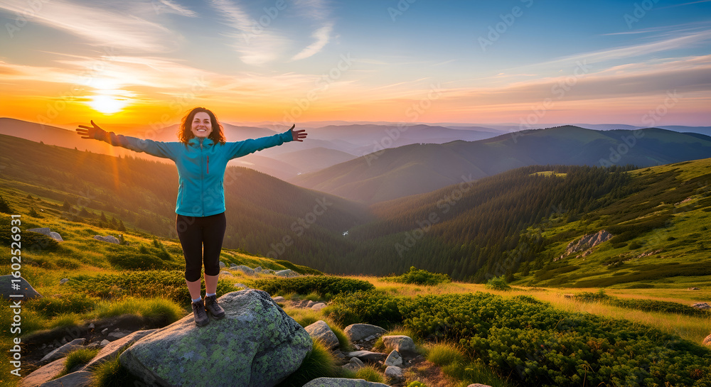 Obraz premium Woman stands on rock with arms outstretched at sunset view