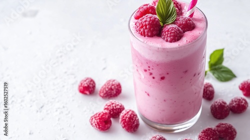 Raspberry milkshake with fresh raspberries on white background 