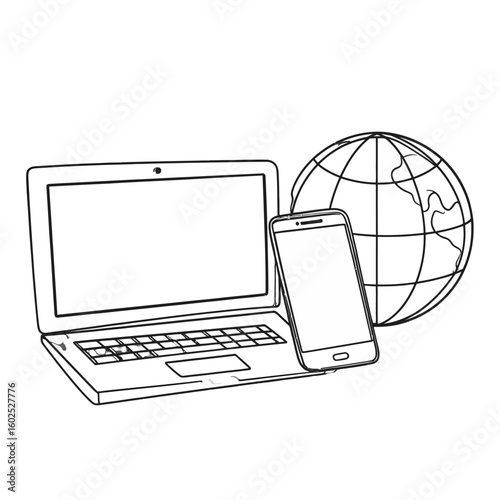 Line art illustration of laptop, smartphone, and globe, depicting global digital connectivity and communication technology.