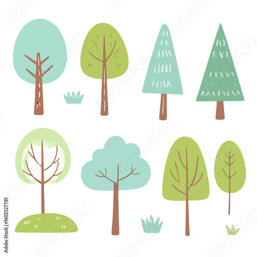 A charming collection of stylized doodle trees and bushes in soft pastel green and blue hues.