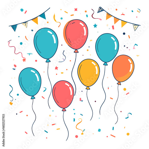 Colorful Hand-Drawn Party Balloons with Confetti and Streamers, Festive Celebration Illustration