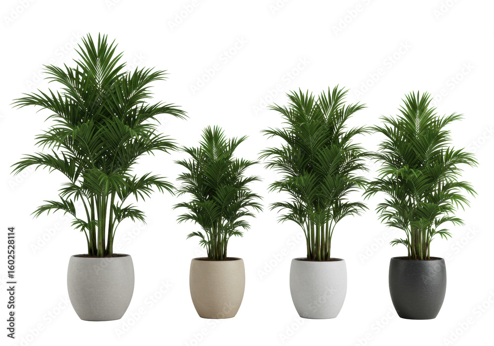 Fototapeta premium Four healthy, mature kentia palm trees with lush green fronds in varied neutral pots against a seamless clean white studio background, sharply focused with no shadows. Pristine modern home decor