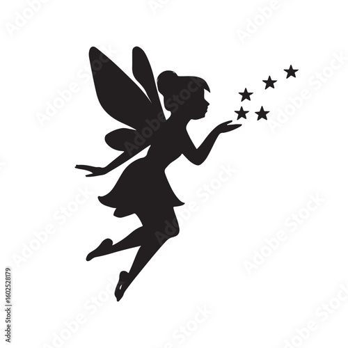 Fairy Silhouette Vector Graphic, Magical Tinkerbell-like Figure with Stars, Fantasy Character Icon.