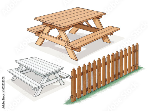Wooden picnic table and picket fence illustration with sketch overlay