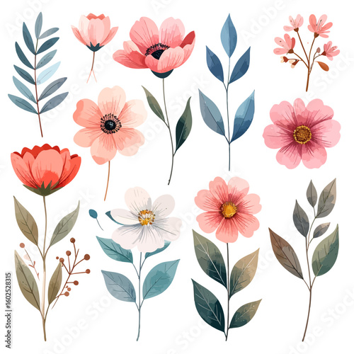 Delicate Watercolor Floral Elements: Soft Pink, Peach, White Blossoms with Blue-Green Leaves