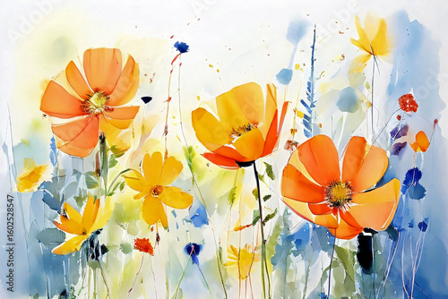 Bright watercolor illustration of blooming poppies and wildflowers in soft pastel tones, perfect for wall art, modern decor