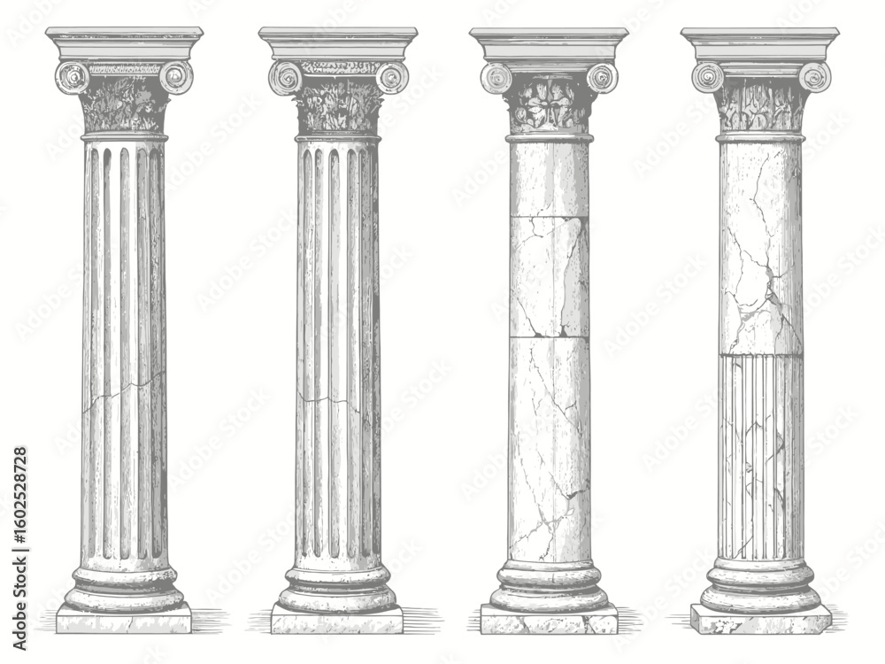 Naklejka premium Four ancient greek architectural columns in a row with detailed carvings