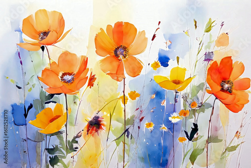 Bright watercolor illustration of blooming poppies and wildflowers in soft pastel tones, perfect for wall art, modern decor
