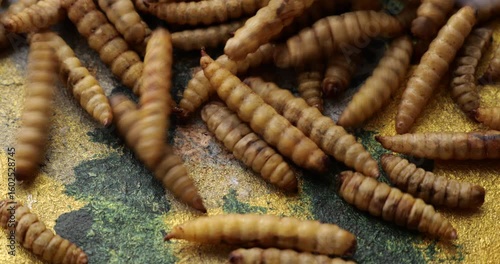 Roasted bamboo worms falling on gold painted textured surface, presenting exotic culinary delicacy with dramatic visual composition