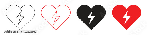 Heart Lightning Bolt Icons – Love Power Symbols in Red, Black, and Outline Set