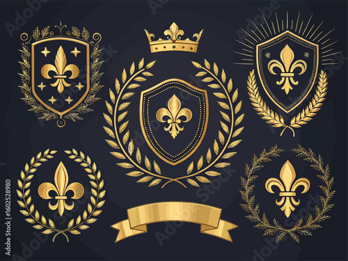 Collection of ornate golden heraldic crests and emblems with fleur de lis and crowns