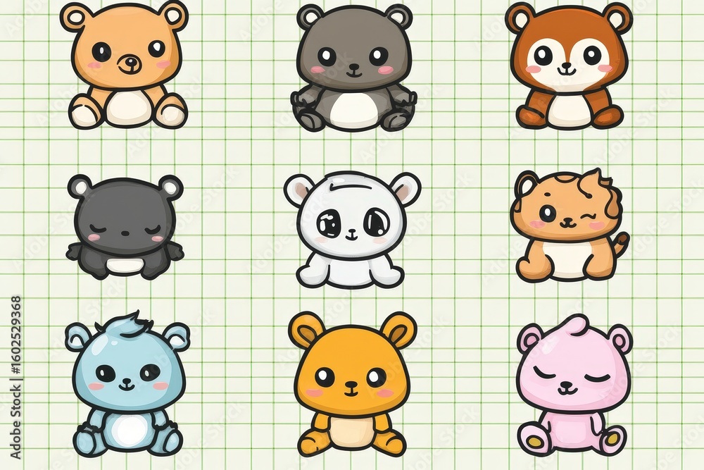 Fototapeta premium Cute cartoon bears with various expressions on a grid background
