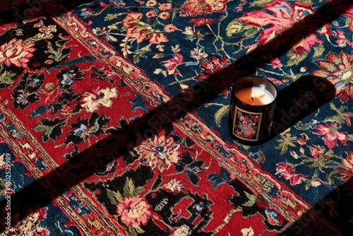 Close up of Traditional Handmade Persian Rug with Hanging Lamp and Elegant Decor