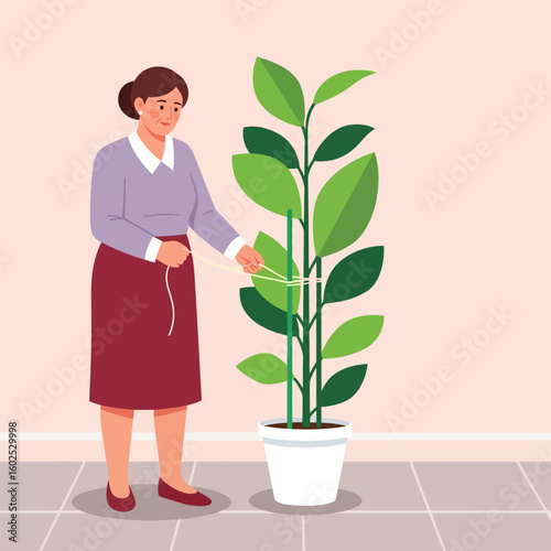 Mature Woman Tying String Around Green Houseplant in White Pot