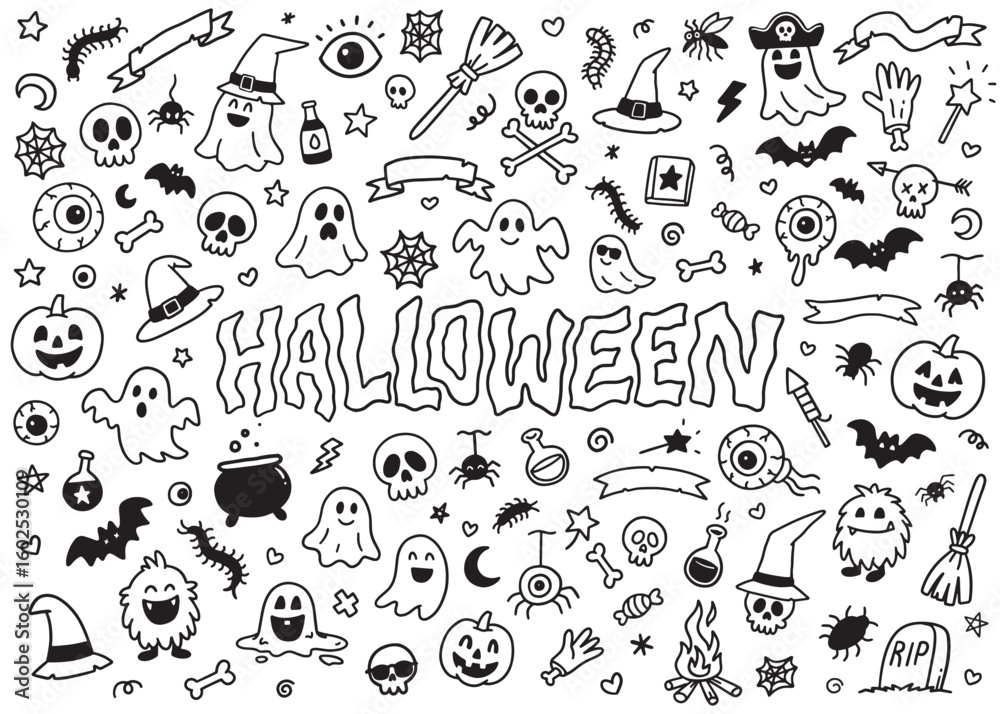 Fototapeta premium Halloween doodle icons compilation set. Vector doodle illustration set for web, t-shirt design, other graphic design use