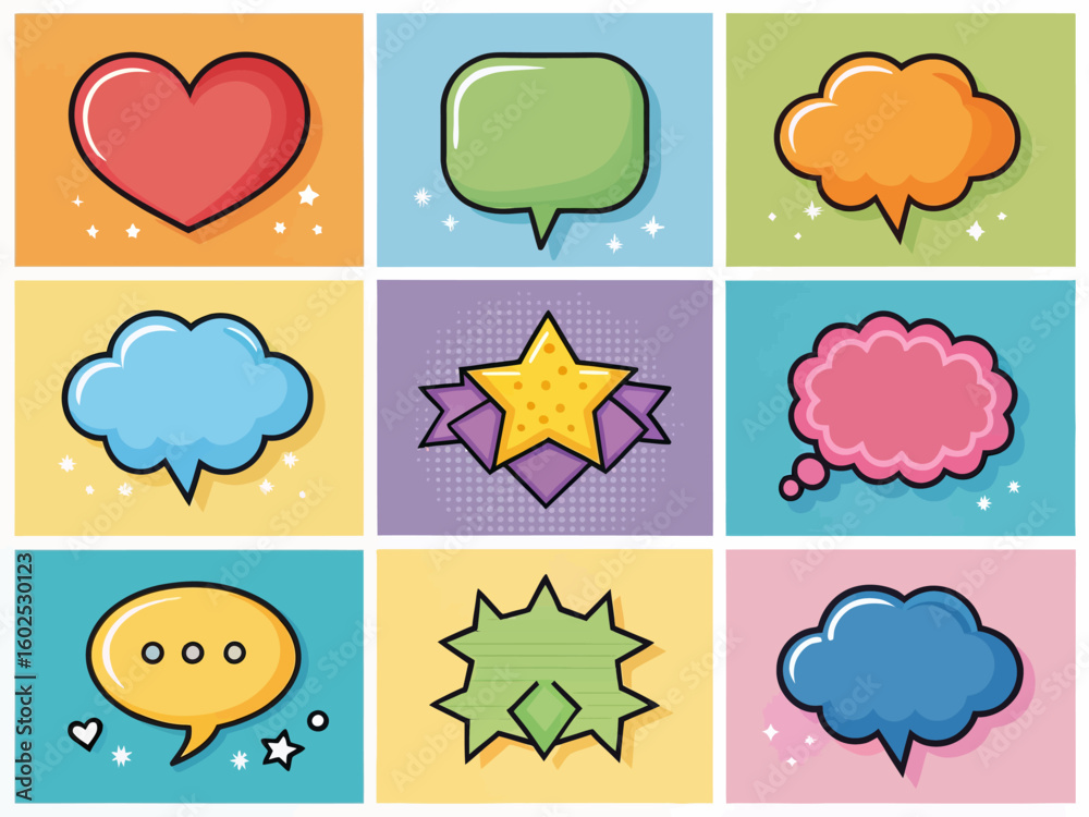 Collection of colorful cartoon speech bubbles and shapes with a star