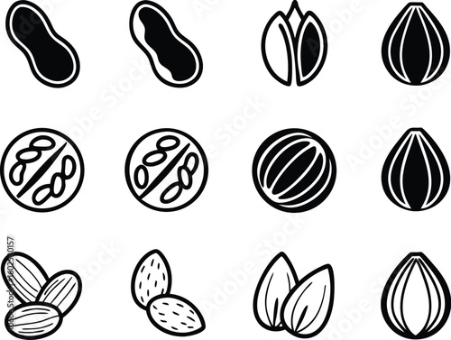Collection of various nut and seed icons in silhouette