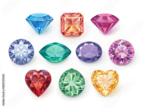 Collection of ten colorful faceted gemstones arranged in a pleasing pattern