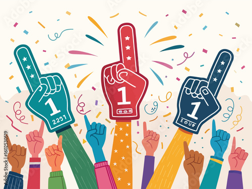 Diverse crowd cheers with foam fingers celebrating victory and success