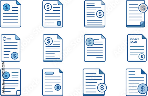 Minimalist vector illustration of various financial documents featuring dollar symbols