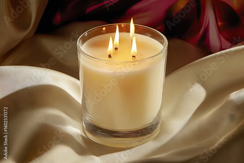 Elegant Candle in a Glass Holder Surrounded by Soft Satin Fabric for Warm Ambiance
