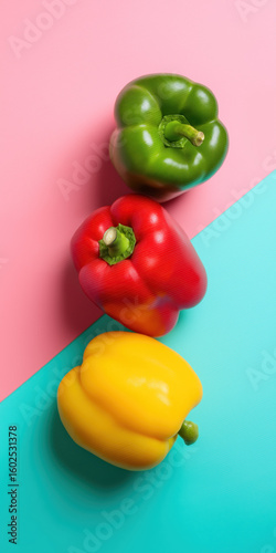 Bell peppers on pink and blue background. Green, red, and yellow bell peppers arranged diagonally on a split pink and blue background