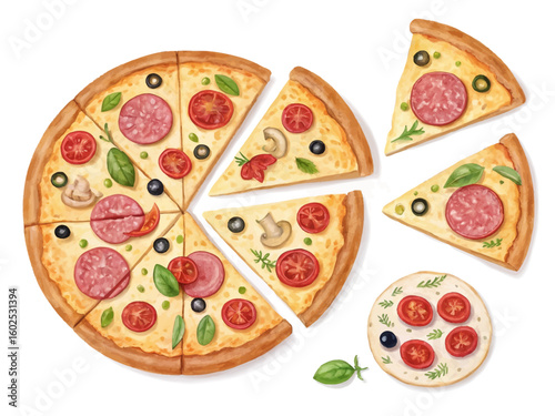 Delicious pepperoni pizza slices and mini pizza isolated on white background