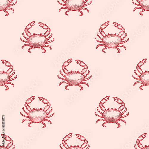 Marine seamless pattern of crab with claws. Elegance design of crawfish with pincers. Underwater animal, seafood. Ocean crustacean. Summer print for fabric, wallpaper, wrapping paper