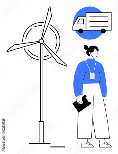 Wind turbine producing energy, delivery truck in motion, and a professional woman holding a clipboard. Ideal for sustainability, green energy, logistics, transportation, technology, business
