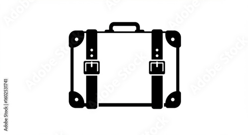 Vintage suitcase icon, black and white, travel luggage, strapped, retro design.