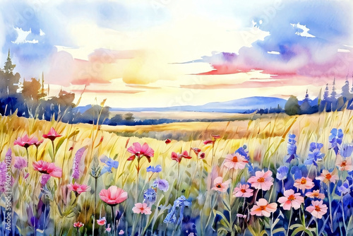 Watercolor Wildflower Field at Dawn