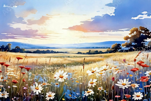 Watercolor Wildflower Field at Dawn