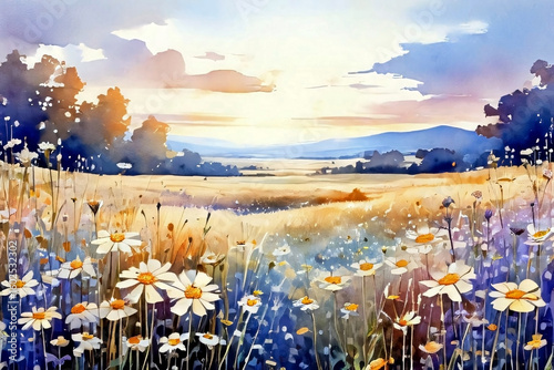Watercolor Wildflower Field at Dawn