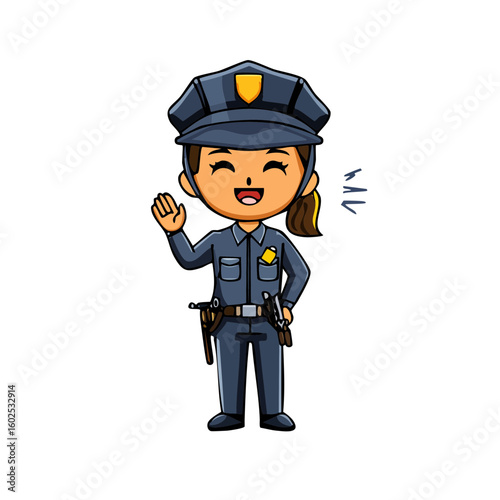 Friendly Police Officer: A cheerful cartoon police officer salutes with a smile, radiating a sense of approachability and trust. Representing law enforcement in a friendly and reassuring manner.