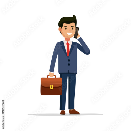 Business communication: A stylish executive is engrossed in a vital call with the utmost attentiveness. He is carrying a briefcase.
