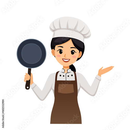 Cheerful Culinary Creation: A smiling chef, adorned in a classic toque and apron, presents a frying pan with inviting gesture. The embodiment of culinary expertise.