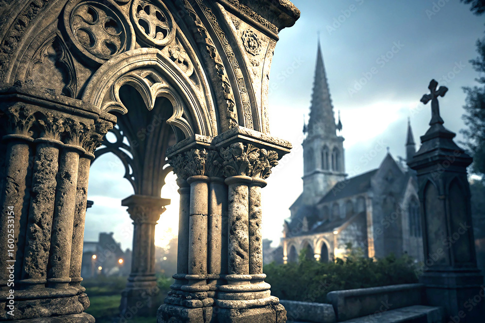 Obraz premium Old gothic architecture with detailed carvings and moody dramatic lighting