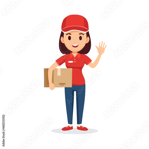 Friendly Delivery Service: A cheerful delivery worker, wearing a red uniform and cap, waves hello while holding a package, ready to bring a smile and service to your doorstep.