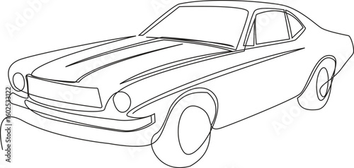 Single line classic muscle car line art vintage outline drawing, automobile minimalist black linear sketch isolated on white background vector Illustration