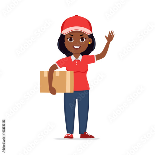 Courier's Warm Welcome: An energetic courier, dressed in a red uniform and cap, extends a welcoming wave while clutching a package. The delivery is poised to bring joy to the recipient.