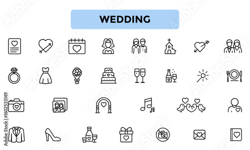 Wedding Line Icons – Minimalist Icons for Marriage, Ceremony, Love, Bride & Groom, and Celebration Design Projects