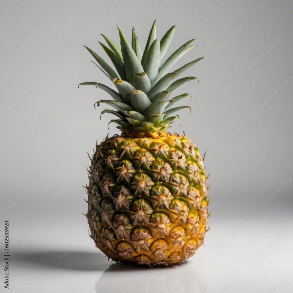 Fototapeta premium Photo of a whole pineapple with a green leafy crown, isolated on white