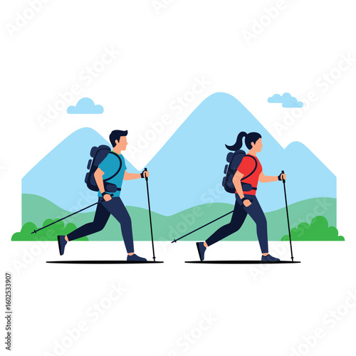 A couple Nordic walking with backpacks