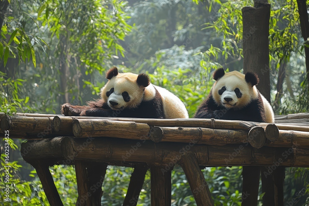 Fototapeta premium Two Giant Pandas resting on bamboo platform in natural habitat