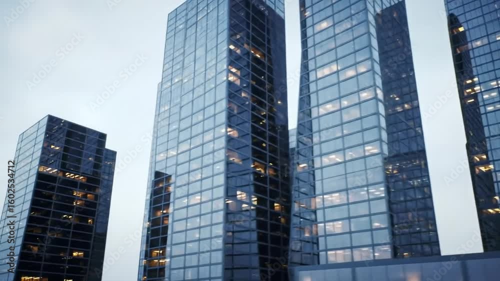 Detailed view of mirrored glass towers reflecting the urban environment around them, emphasizing city density, business district life, and contemporary architecture Detailed view of mirrored glass towers reflecting the urban environment around them, emphasizing city density, business district life, and contemporary architecture